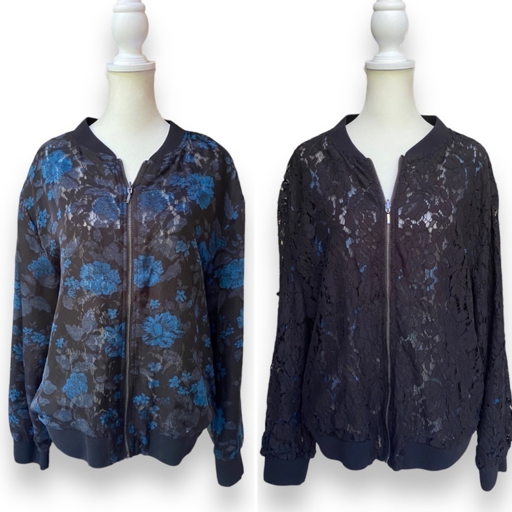 Ruff Hewn Black and Blue Floral Lace Reversible Bomber Jacket | Size M/L